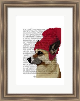 Framed German Shepherd in Red Woolly Hat Print