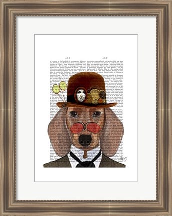 Framed Dachshund with Steampunk Bowler Hat Print