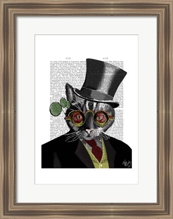 Framed Steampunk Cat - Top Hat and red yellow glasses Print