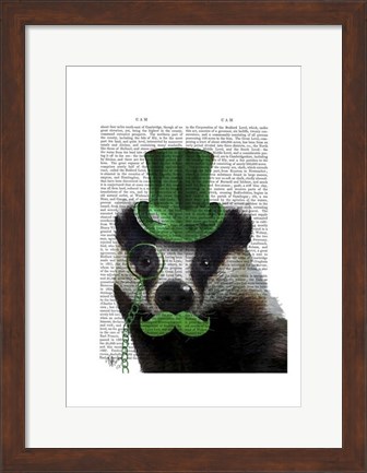 Framed Badger with Green Top Hat and Moustache Print