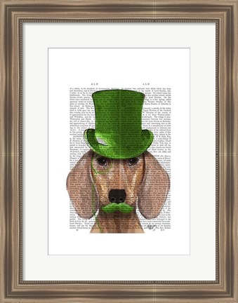 Framed Dachshund With Green Top Hat and Moustache Print