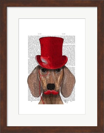 Framed Dachshund With Red Top Hat and Moustache Print