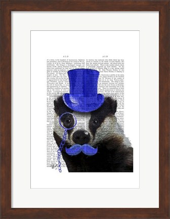 Framed Badger with Blue Top Hat and Moustache Print