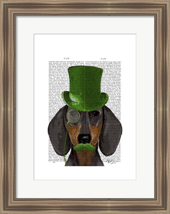 Framed Dachshund with Green Top Hat Black Tan Print