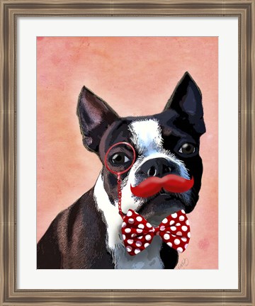 Framed Boston Terrier Portrait with Red Bow Tie and Moustache Print