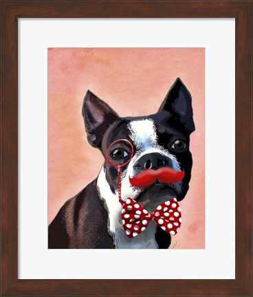 Framed Boston Terrier Portrait with Red Bow Tie and Moustache Print