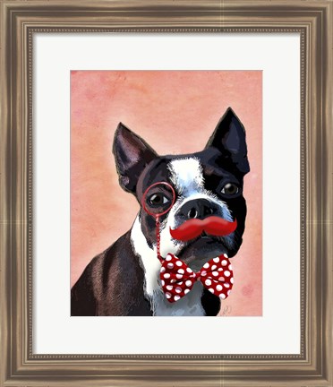 Framed Boston Terrier Portrait with Red Bow Tie and Moustache Print