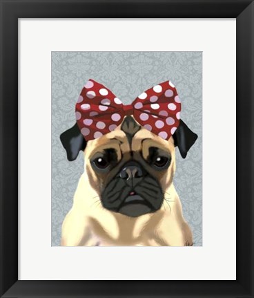 Framed Pug with Red Spotty Bow On Head Print