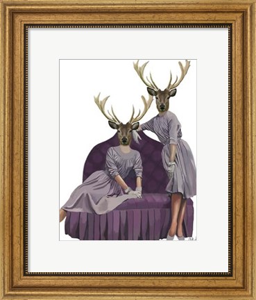 Framed Deer Twins in Purple Dresses Print