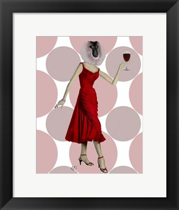 Framed Monkey in Red Dress with wine Print