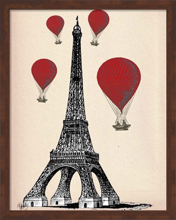 Framed Eiffel Tower and Red Hot Air Balloons Print