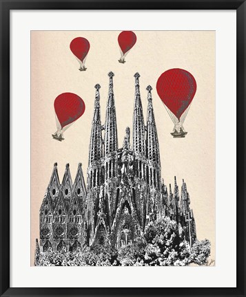 Framed Sagrada Familia and Red Hot Air Balloons Print