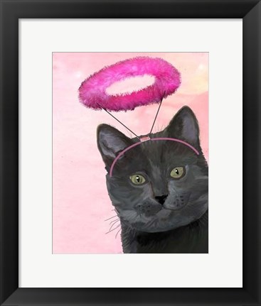 Framed Black Cat With Pink Angel Halo Print