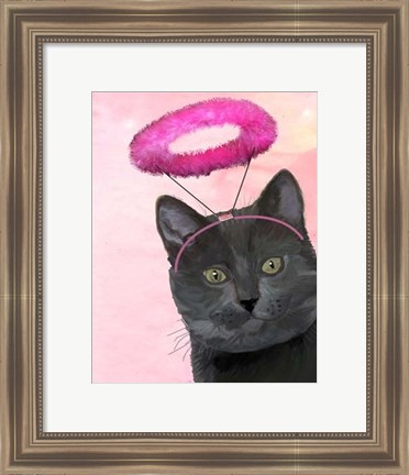 Framed Black Cat With Pink Angel Halo Print