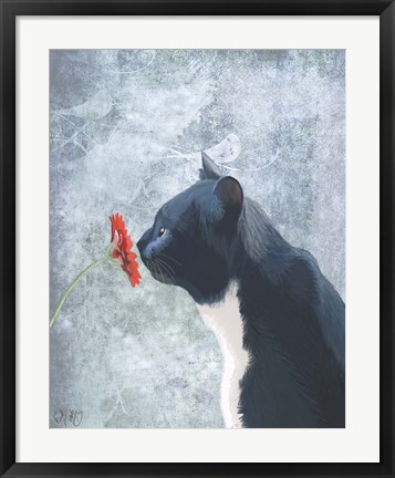 Framed Black Cat Sniffing Flower Print