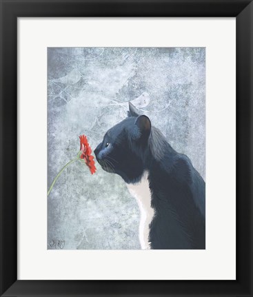 Framed Black Cat Sniffing Flower Print