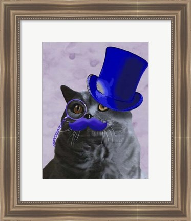 Framed Grey Cat With Blue Top Hat and Moustache Print