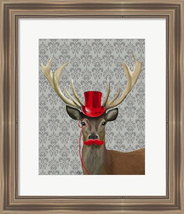 Framed Deer With Red Hat and Moustache Print