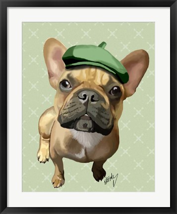 Framed Brown French Bulldog with Green Hat Print