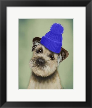 Framed Border Terrier with Blue Bobble Hat Print