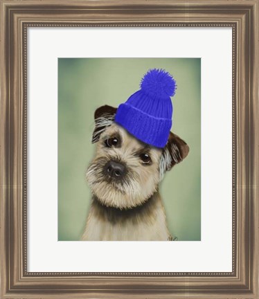 Framed Border Terrier with Blue Bobble Hat Print