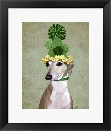 Framed Greyhound in Green Knitted Hat Print