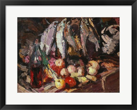 Framed Still Life with Fish, Wine, and Fruit Print