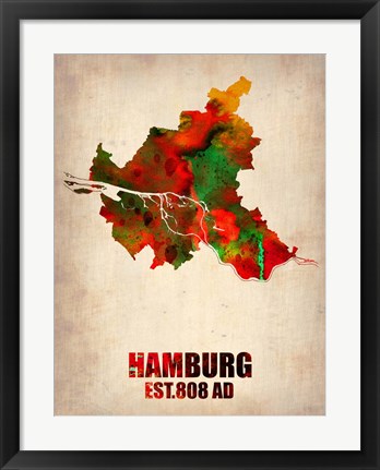 Framed Hamburg Watercolor Map Print