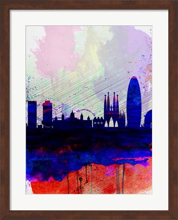 Framed Barcelona Watercolor Skyline 2 Print