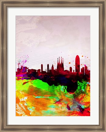 Framed Barcelona Watercolor Skyline Print