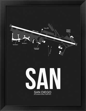 Framed SAN San Diego Airport Black Print