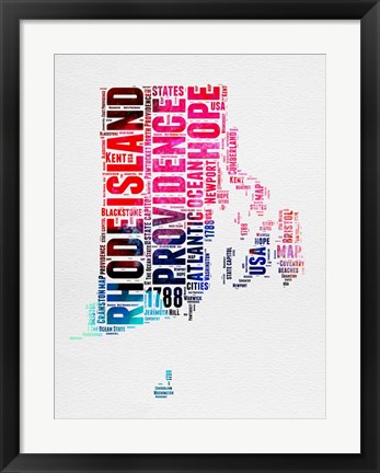 Framed Rhode Island Watercolor Word Cloud Print