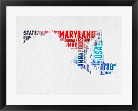 Framed Maryland Watercolor Word Cloud Print