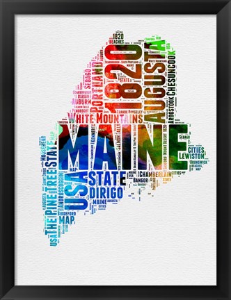 Framed Maine Watercolor Word Cloud Print