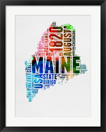 Framed Maine Watercolor Word Cloud Print