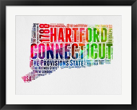 Framed Connecticut Watercolor Word Cloud Print