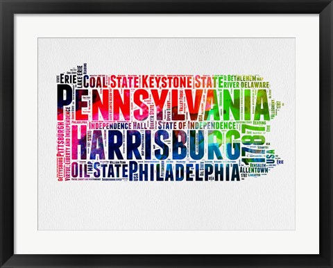 Framed Pennsylvania Watercolor Word Cloud Print