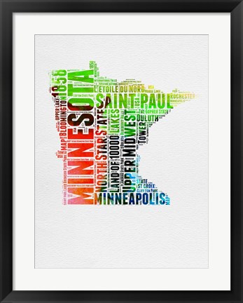 Framed Minnesota Watercolor Word Cloud Print