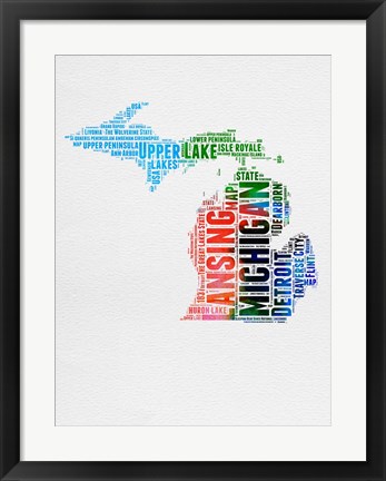 Framed Michigan Watercolor Word Cloud Print