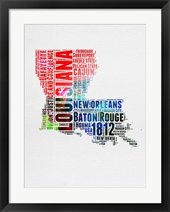 Framed Louisiana Watercolor Word Cloud Print