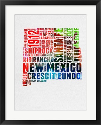 Framed New Mexico Watercolor Word Cloud Print