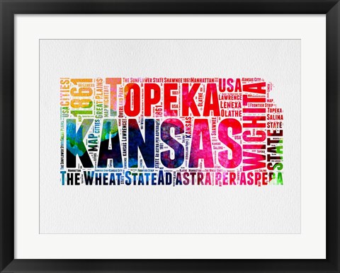 Framed Kansas Watercolor Word Cloud Print