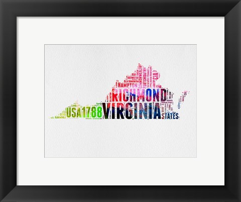 Framed Virginia Watercolor Word Cloud Print