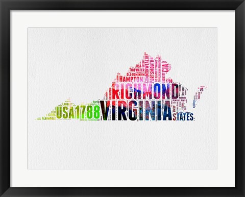 Framed Virginia Watercolor Word Cloud Print