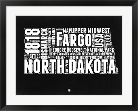 Framed North Dakota Black and White Map Print