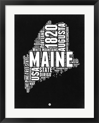 Framed Maine Black and White Map Print