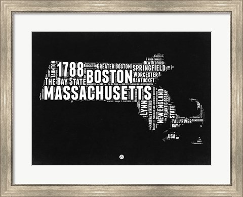 Framed Massachusetts Black and White Map Print