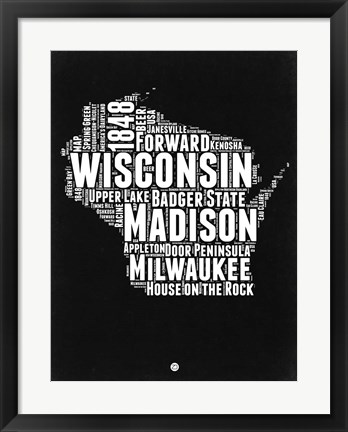 Framed Wisconsin Black and White Map Print