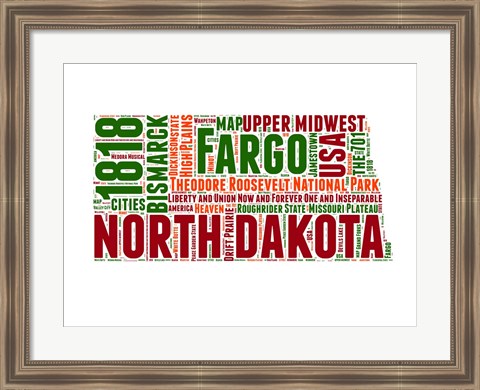 Framed North Dakota Word Cloud Map Print