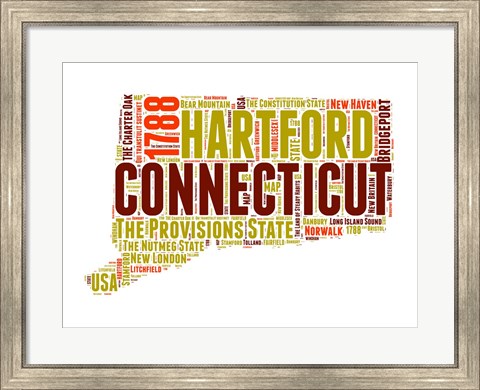 Framed Connecticut Word Cloud Map Print